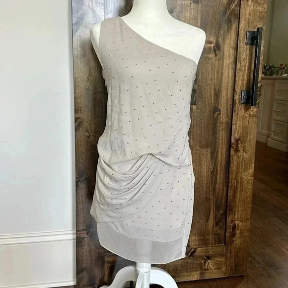 Express Chiffon One Shoulder Sleeveless Mini Dress Rhinestone Short Womens 6 - Picture 3 of 12